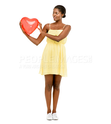 Buy stock photo Woman, surprised or heart balloon in studio for valentines day celebration, anniversary date or romance. Black person, shock or gift from secret admirer, love or honeymoon present on white background