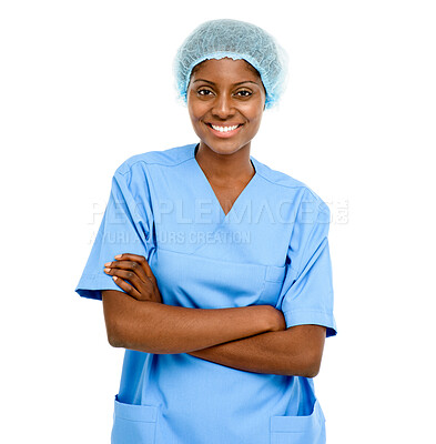 Buy stock photo Studio, nurse and Indian woman with arms crossed in white background for healthcare, clinic or hospital. Doctor, portrait and medical professional in wellness with confident, happy and expert care