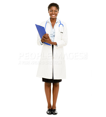 Buy stock photo Health, portrait and black woman in studio with clipboard for notes, medical information or paperwork on white background. Doctor, stethoscope and person for insurance report, script or admin