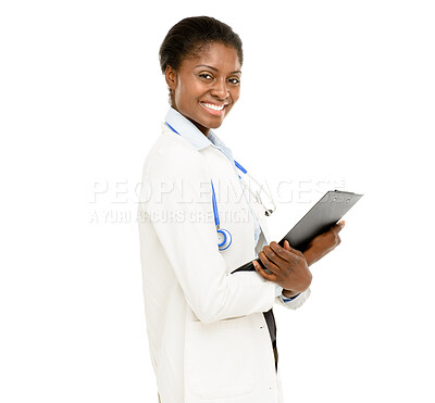 Buy stock photo Health, portrait and woman in studio with clipboard for notes, medical information or paperwork on white background. Doctor, stethoscope and black person for insurance report, script or admin