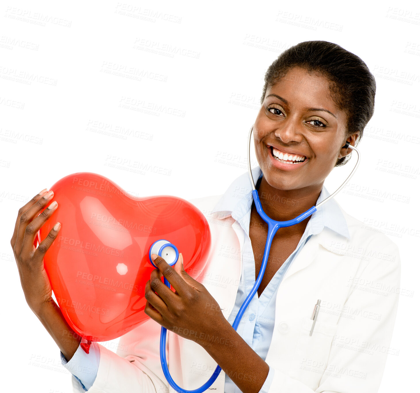 Buy stock photo Love, woman doctor with heart balloon and against a white background with a smile. Support or care,  portrait and African female surgeon isolated for health wellness against studio backdrop.