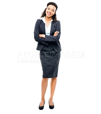 Buy stock photo Corporate worker, portrait or arms crossed on isolated white background in ideas, vision goals or success mindset. Smile, happy or confident business woman in fashion suit and financial growth target