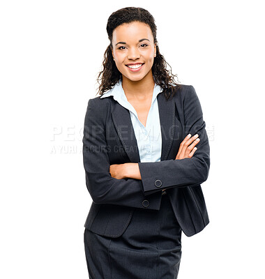 Buy stock photo Corporate employee, portrait or arms crossed on isolated white background in future ideas, vision goals or success mindset. Smile, happy or confident business woman in suit or financial growth target