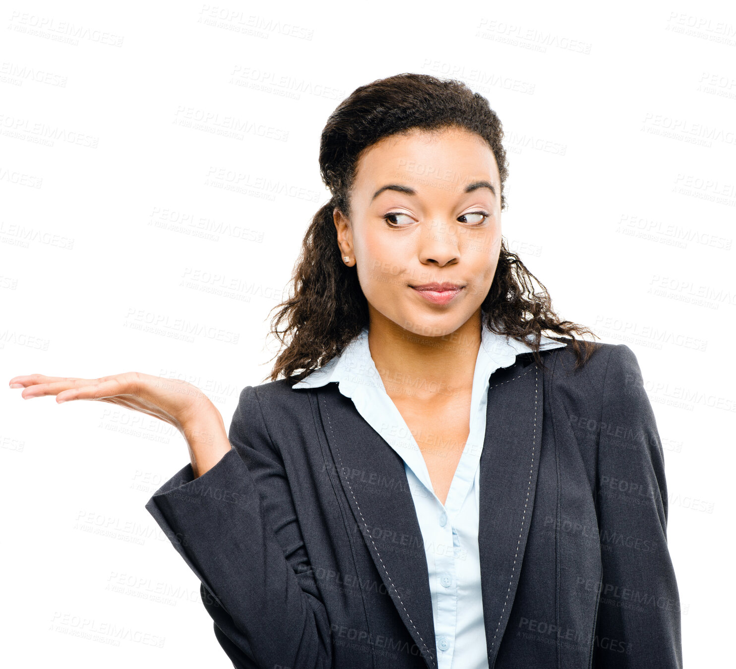 Buy stock photo Business woman, hand or palm for promotion sales mock up, deal advertising space or marketing product placement. Smile, happy worker or corporate showing finance mockup on isolated white background