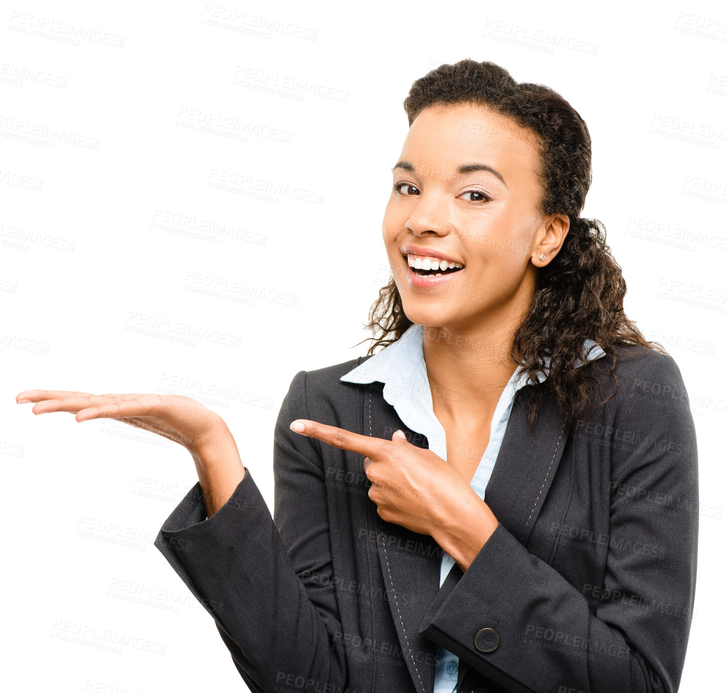 Buy stock photo Business woman, portrait or pointing hand for promotion mock up, advertising deal or marketing product placement. Smile, happy or corporate worker and palm finance mockup on isolated white background