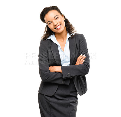 Buy stock photo Business employee, portrait or arms crossed on isolated white background in future ideas, vision goals or success mindset. Smile, happy or confident corporate woman in suit or financial growth target