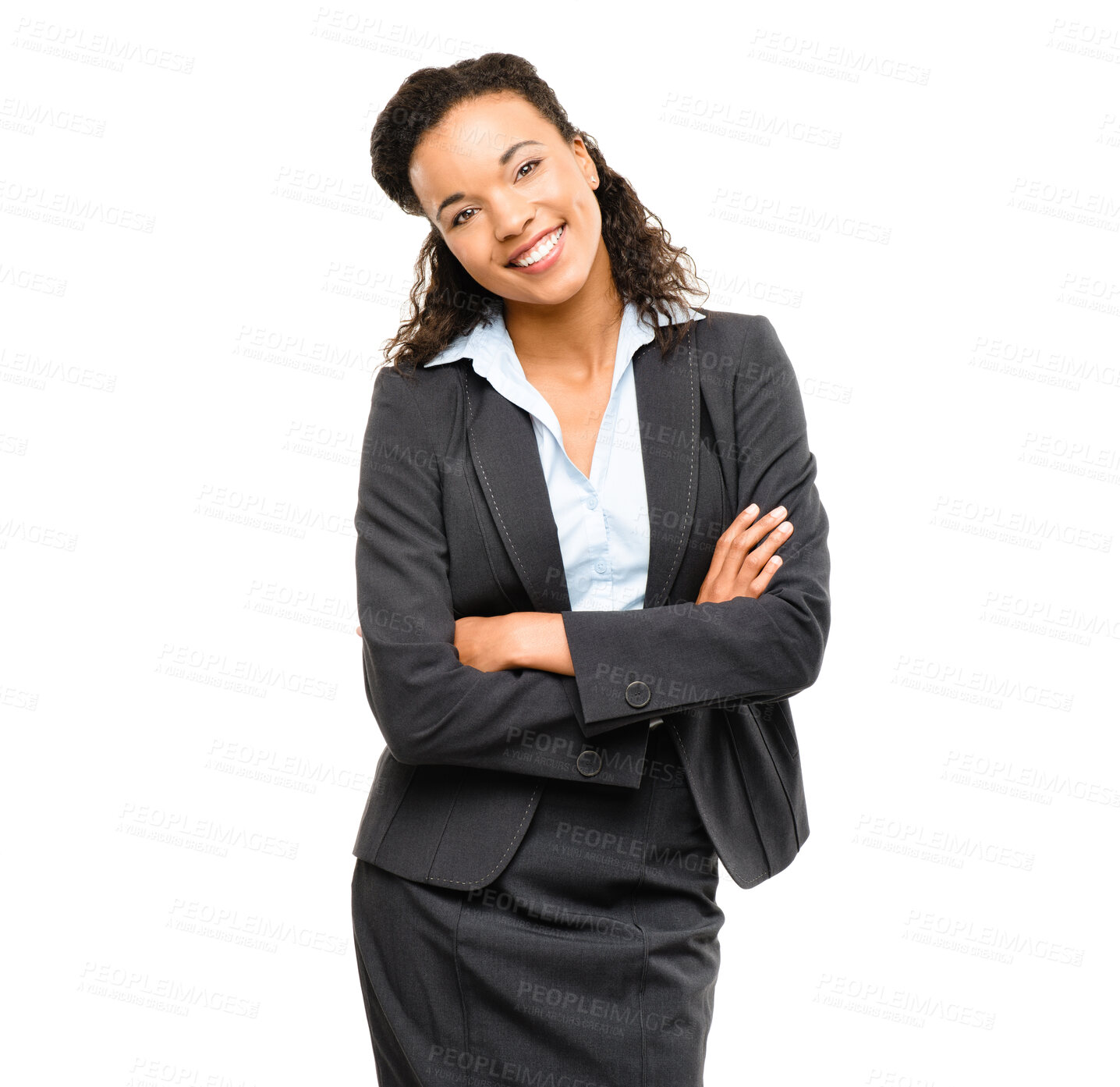 Buy stock photo Business employee, portrait or arms crossed on isolated white background in future ideas, vision goals or success mindset. Smile, happy or confident corporate woman in suit or financial growth target