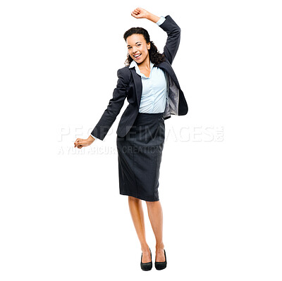 Buy stock photo Business woman, dancing or success expression for company growth, sales deal or finance salary bonus. Smile, happy or worker dance in celebration, winner or comic victory on isolated white background