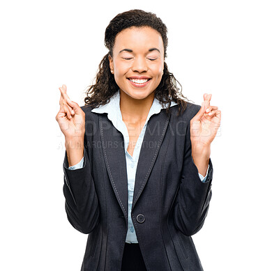 Buy stock photo Corporate woman, excited or fingers crossed in good luck, news or business worker promotion on isolated white background. Smile, happy or wish hands gesture for winner hope or finance bonus on mockup