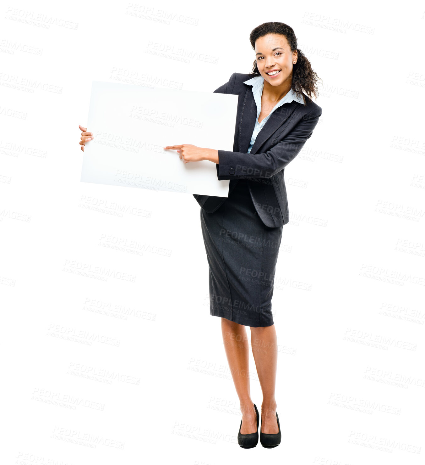 Buy stock photo Business woman, hands or pointing at poster promotion, billboard branding mockup or product placement space. Smile, happy and corporate banner paper for worker sales deal on isolated white background