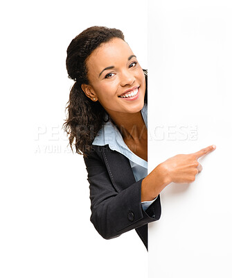 Buy stock photo Black woman, hands or pointing portrait at billboard promotion logo, poster branding mockup or product placement news. Smile, happy or business banner paper of sales deal on isolated white background