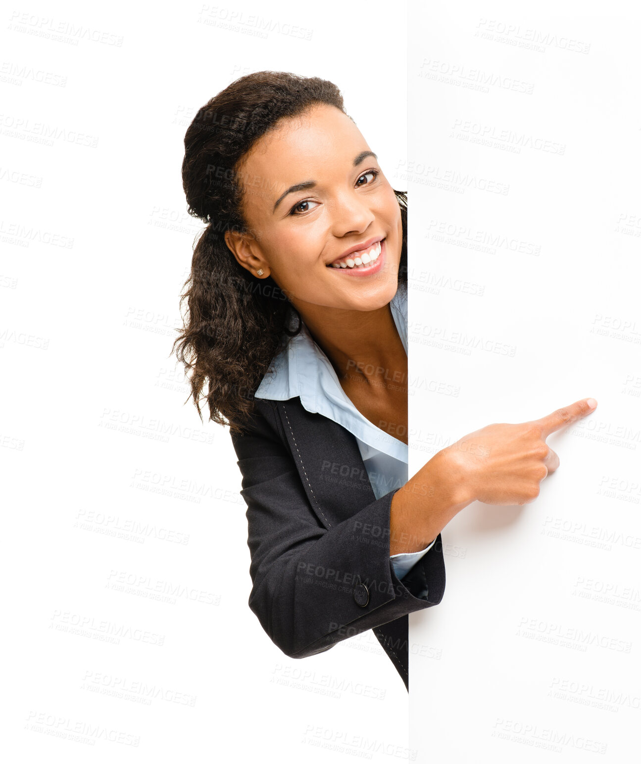 Buy stock photo Black woman, hands or pointing portrait at billboard promotion logo, poster branding mockup or product placement news. Smile, happy or business banner paper of sales deal on isolated white background