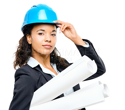 Buy stock photo African woman, architect or blueprint on white background with portrait for construction, smile for project with real estate. Female engineer, studio or floor plan for job or renovation with property