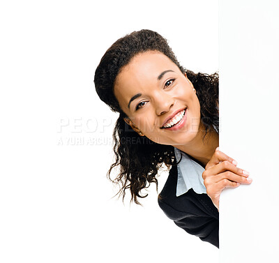 Buy stock photo Woman, portrait or hiding by billboard promotion sales, poster branding mockup or product placement mock up. Happy smile, hide or banner paper deal and business about us on isolated white background