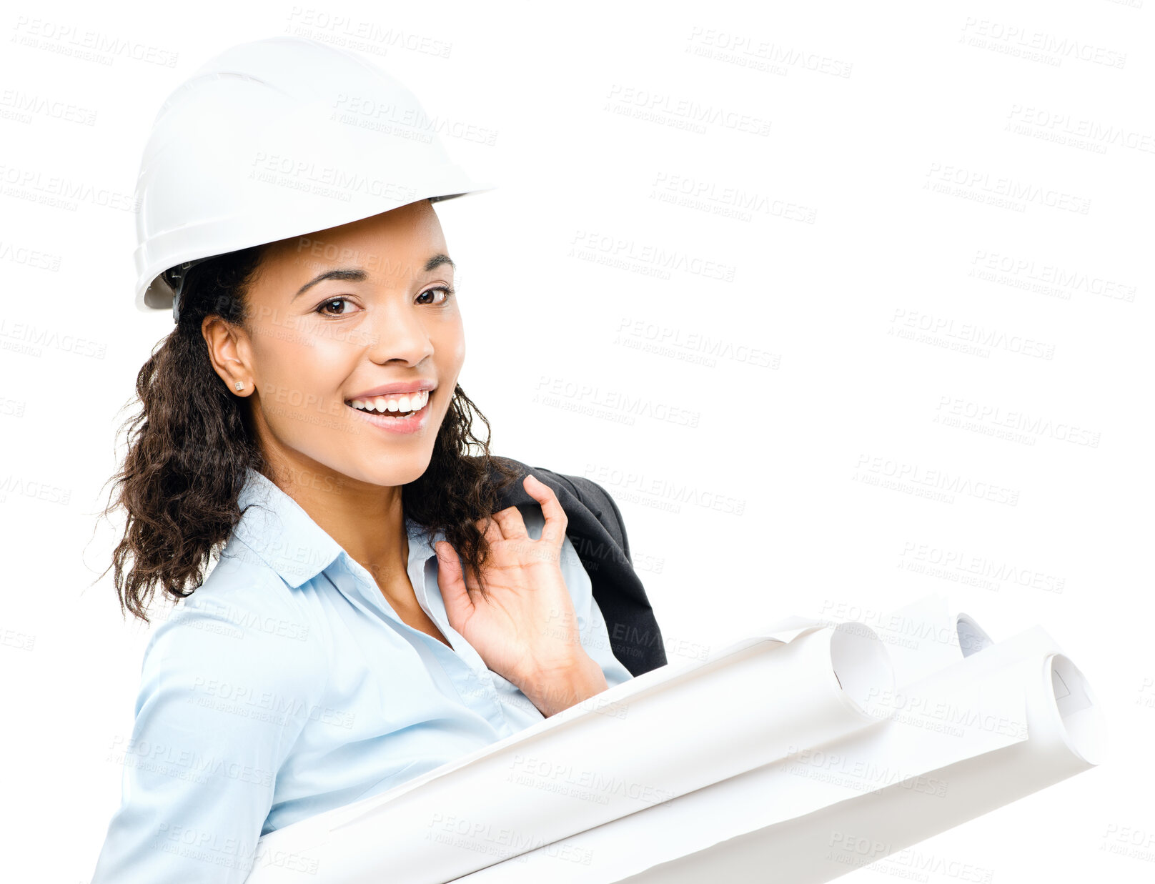 Buy stock photo Woman, construction or blueprint in studio with portrait or engineer, smile for project with real estate. Female architect, white background or paper for building or company plan with property