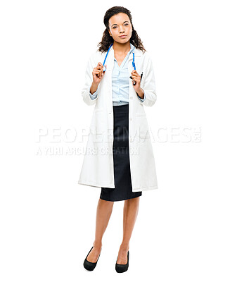 Buy stock photo Confidence, healthcare and portrait of a female doctor in a studio after a consultation. Stethoscope, career and full boy of a professional woman medical worker standing isolated by white background.