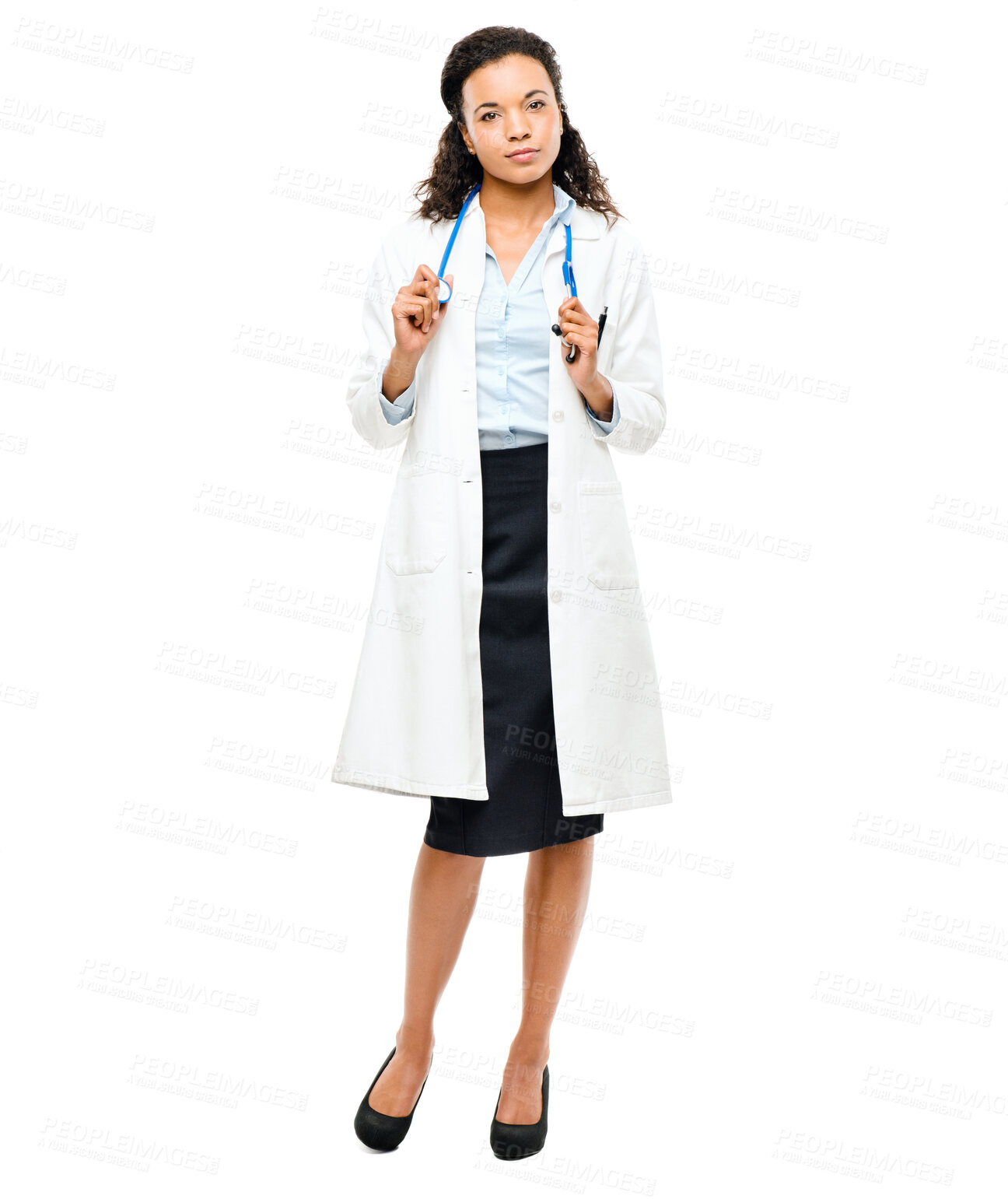 Buy stock photo Confidence, healthcare and portrait of a female doctor in a studio after a consultation. Stethoscope, career and full boy of a professional woman medical worker standing isolated by white background.