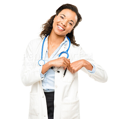 Buy stock photo Woman, doctor and portrait in studio with smile, healthcare and stethoscope on white background. Medicine, pen or prescription for cardiology health, female person or face for clinic help or medicare