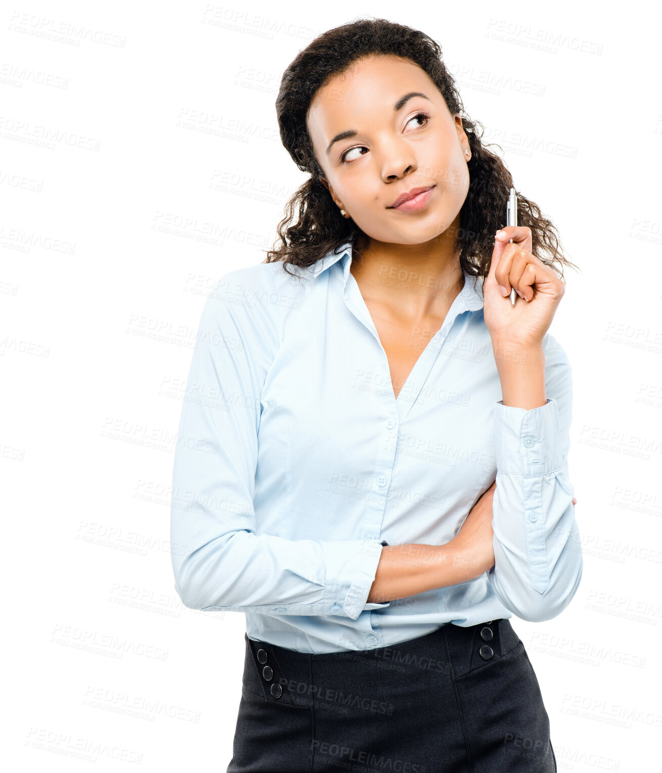 Buy stock photo Business woman, thinking and pen hand on isolated white background in finance growth goals, target or future vision. Corporate, worker and employee with ideas, financial strategy planning or mock up