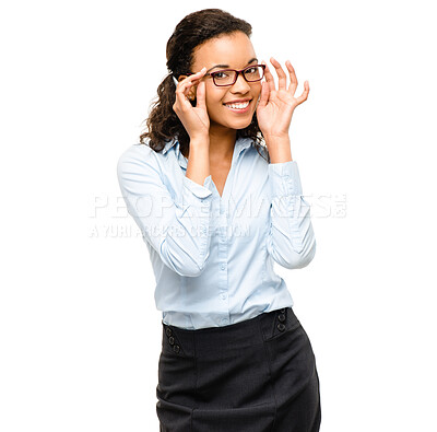 Buy stock photo Business woman, portrait or fashion glasses on isolated white background for future ideas, success mindset or target goals. Smile, happy or corporate worker with vision eyes care on mock up backdrop