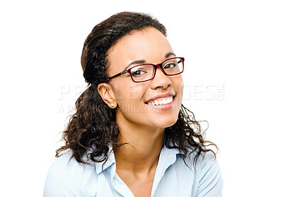 Buy stock photo Black woman, portrait or fashion glasses on isolated white background for future ideas, success mindset or smart target goals. Smile, happy or business worker and vision eyes care on mock up backdrop