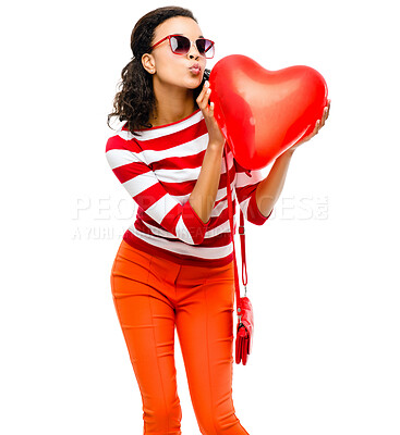 Buy stock photo Woman, kiss or balloon heart on isolated white background for valentines day, romance or love. Model, face or kissing emoji expression and inflatable romantic toy, trendy or fashion clothes on mockup