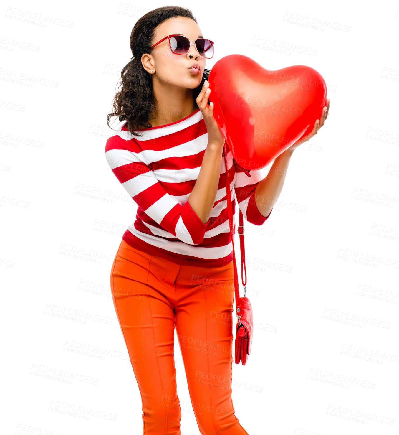 Buy stock photo Woman, kiss or balloon heart on isolated white background for valentines day, romance or love. Model, face or kissing emoji expression and inflatable romantic toy, trendy or fashion clothes on mockup