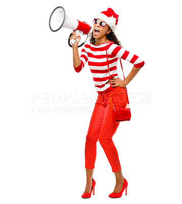 Buy stock photo Shout, megaphone and happy woman with Christmas announcement on white background for review. Festive, attention and voice of girl with discount, broadcast and news for celebration talking on speaker