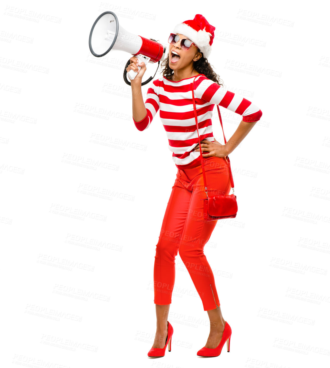 Buy stock photo Shout, megaphone and happy woman with Christmas announcement on white background for review. Festive, attention and voice of girl with discount, broadcast and news for celebration talking on speaker