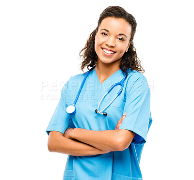 Buy stock photo Healthcare, portrait of woman doctor and smile against a white background with stethoscope. Happiness, medical and female nurse or surgeon smiling against a studio backdrop for health wellness