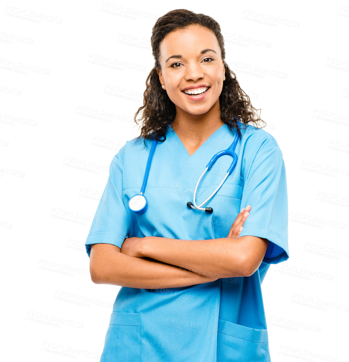 Buy stock photo Healthcare, portrait of woman nurse and smile against a white background with stethoscope. Health wellness, medical and African female doctor or surgeon smiling against studio backdrop for happiness