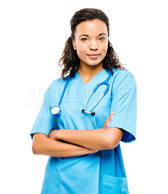 Buy stock photo Nurse portrait, woman and arms crossed with a smile from healthcare and wellness career in studio. Young female employee, nursing worker and white background and feeling proud and confident from job