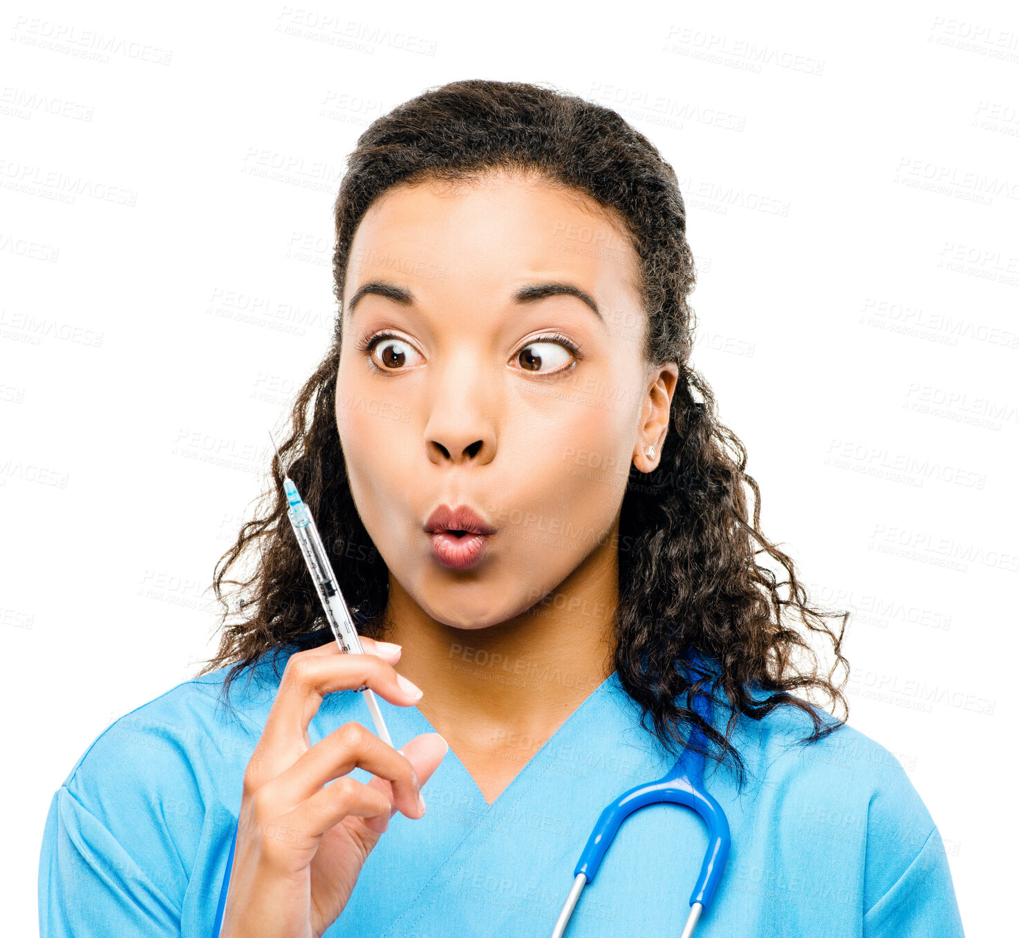 Buy stock photo Needle, nurse and wow in studio for injection, portrait and healthcare on white background. Stethoscope, face and vaccine with syringe from female person, clinic and medicine for virus protection