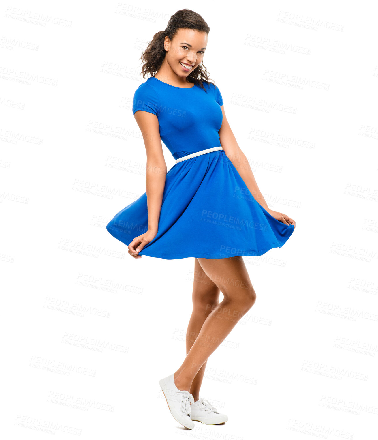 Buy stock photo Girl, teenager portrait and fashion in studio, confidence and designer dress on white background. Female person, happy and smile for trendy clothes, outfit and aesthetic for casual adolescence