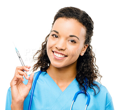 Buy stock photo Needle, nurse and woman in studio for injection, portrait and healthcare on white background. Stethoscope, face and vaccine with syringe from female person, clinic and medicine for virus protection