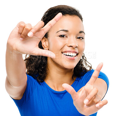 Buy stock photo Portrait, finger and frame with woman, smile and happiness isolated on white studio background. Face, person and model with hand gesture, selfie and profile picture for social media, capture and joy