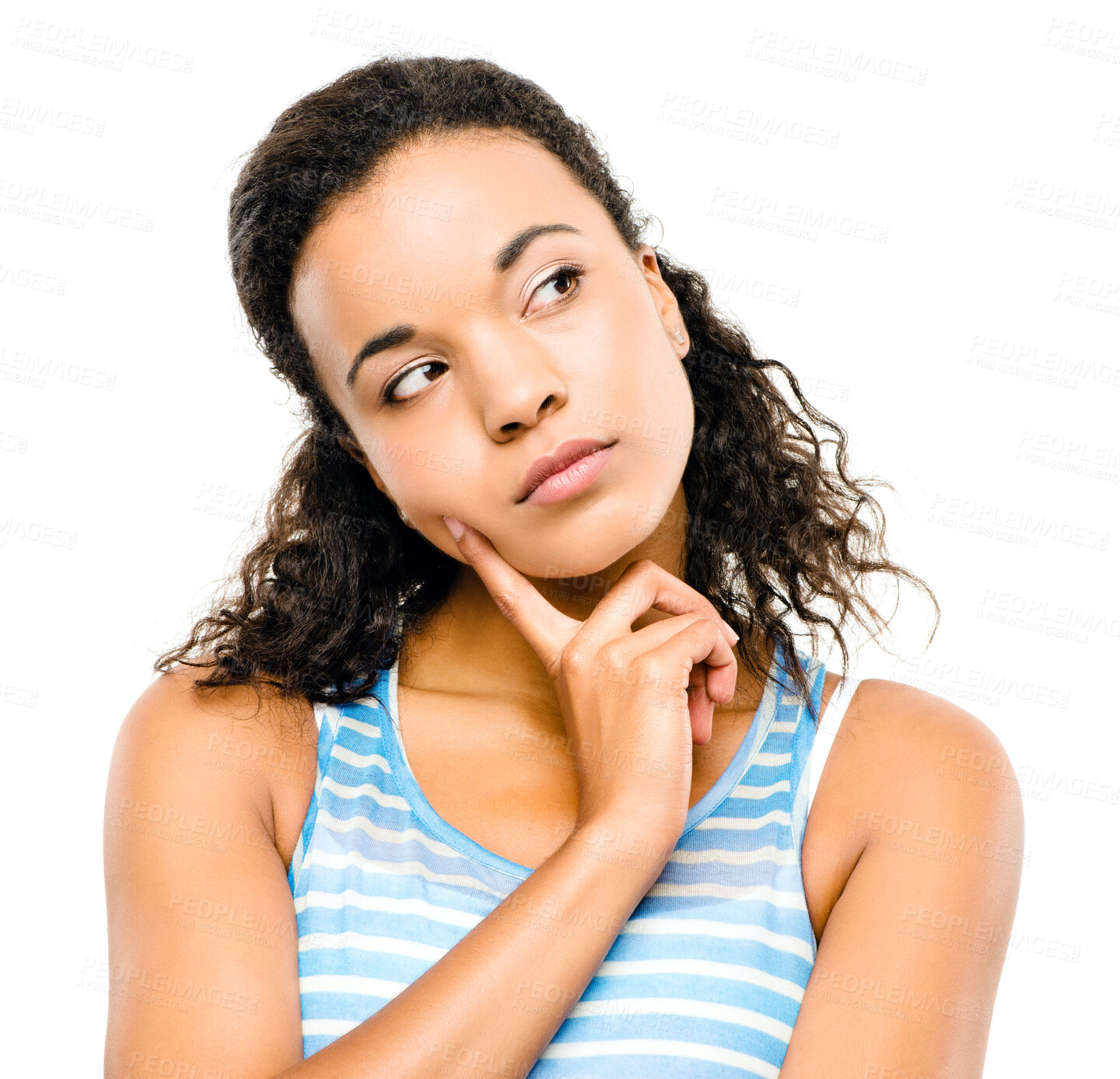 Buy stock photo Thinking, idea and face of woman in studio with doubt for choice, decision and options for news. Question, wondering and isolated person for solution, brainstorming and planning on white background