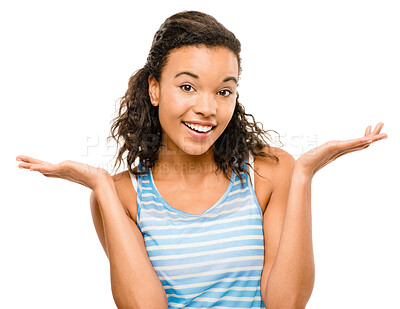 Buy stock photo Shrug, smile and portrait of woman in studio with comparison, balance or choice with mockup space. Question, decision and happy female person with dont know gesture for option by white background.