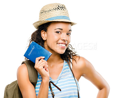 Buy stock photo Woman, travel and passport in studio with portrait, documents and smile on white background. Vacation, international and freedom for student person, gap year and backpack for tourism journey