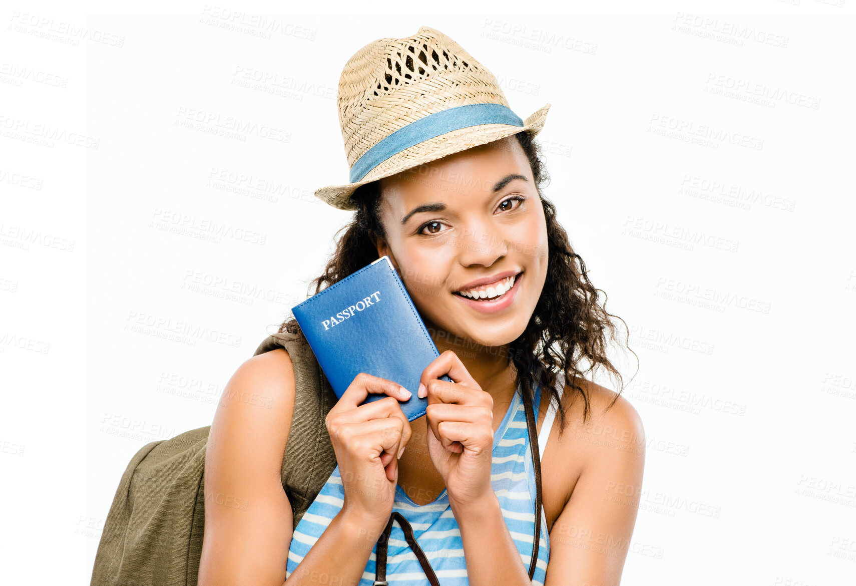 Buy stock photo Woman, travel and passport with portrait, documents and smile in studio on white background. Vacation, international and freedom for student person, gap year and backpack for tourism to Switzerland