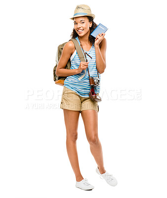 Buy stock photo Woman, student and travel with passport in studio, camera and memories on white background. Document, freedom and portrait for female person, backpack and tourism in Europe with ticket and smile