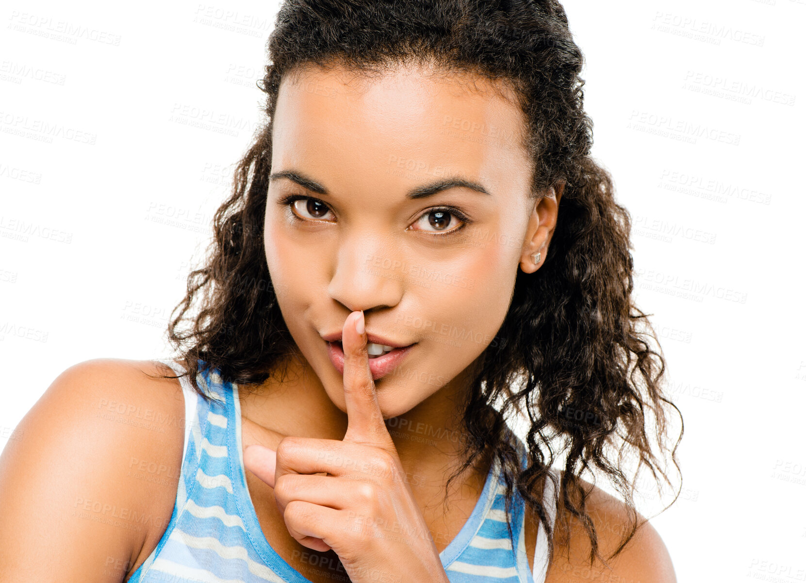 Buy stock photo Girl, teenager and shush in studio portrait, quiet finger and confidential news on white background. Female person, emoji and whisper for mystery or privacy mute, secret announcement and opinion