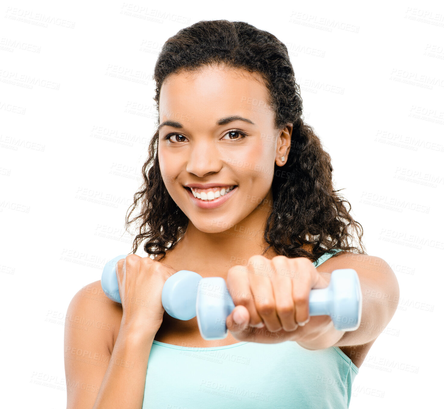 Buy stock photo Girl, smile and portrait for weightlifting in studio, dumbbells and exercise on white background. Female person, bodybuilder and fitness training for health, strong and power for workout muscle