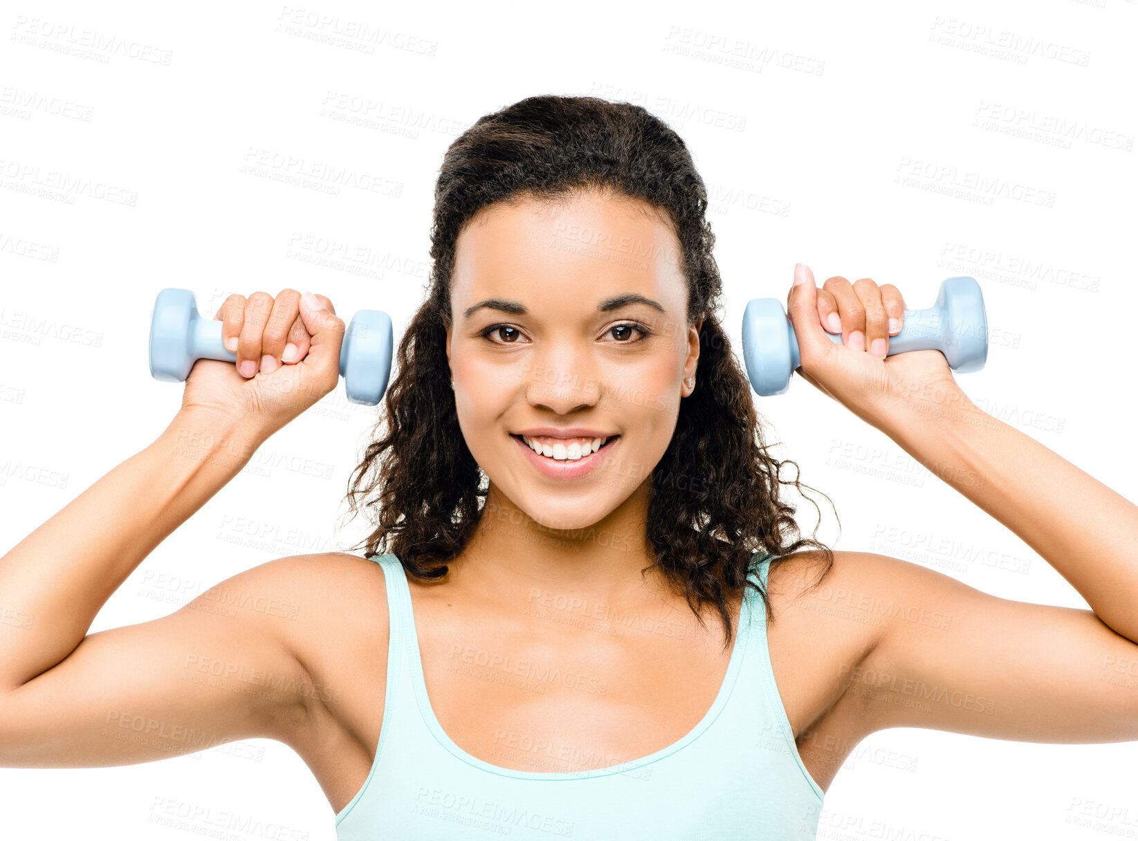 Buy stock photo Girl, teenager and portrait for dumbbells in studio, training and exercise on white background. Female person, bodybuilder and weightlifting for fitness, muscle development and power for workout