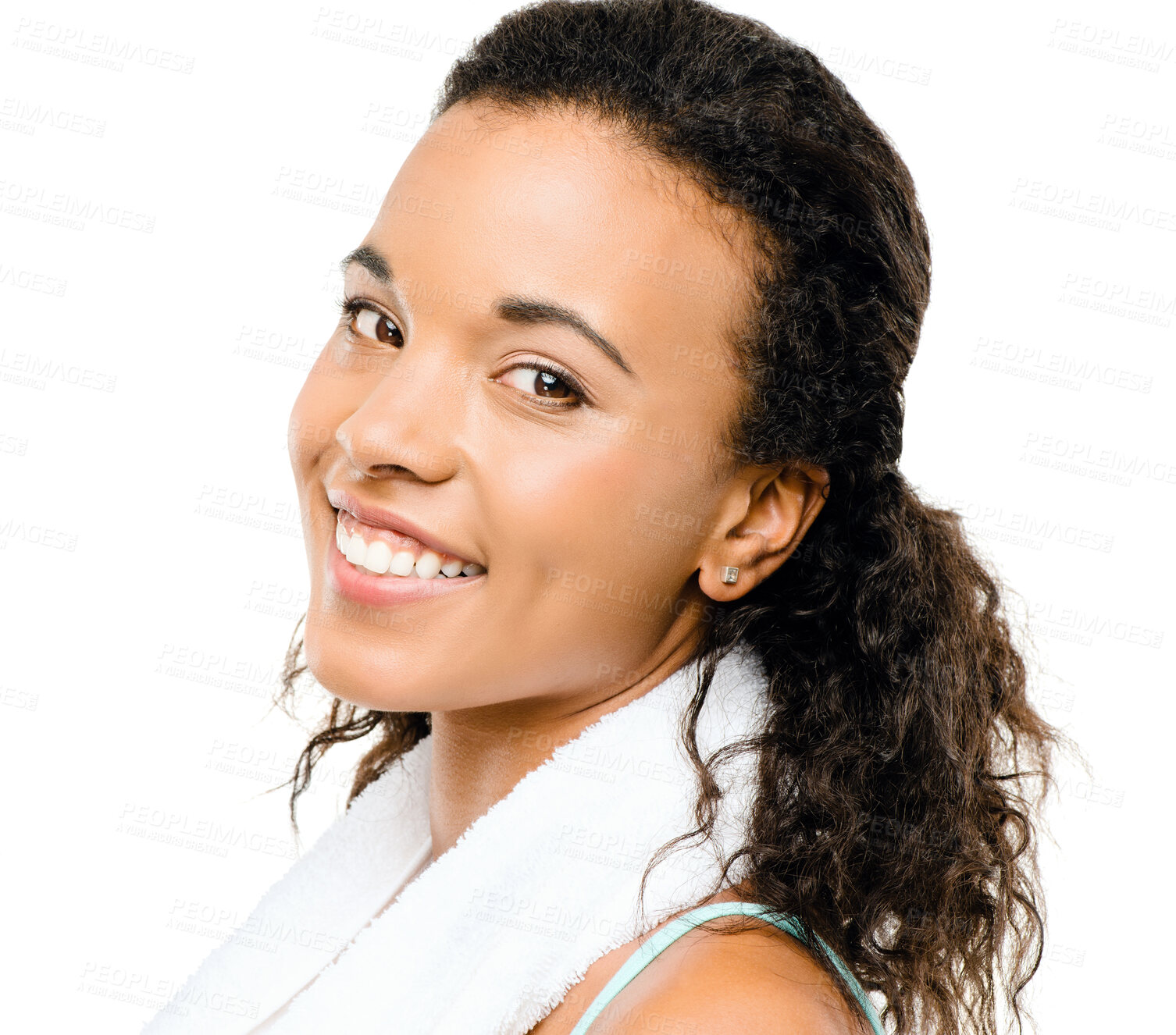 Buy stock photo Fitness, portrait and girl with towel in studio for sweat after exercise, workout or aerobics with white background. Athlete, happy and African person for physical activity, training or challenge