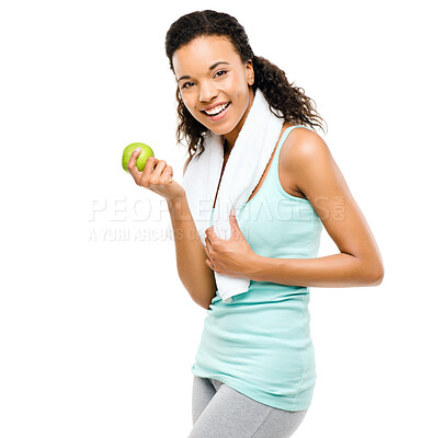 Buy stock photo Portrait, woman and apple in studio, white background and isolated for fitness, nutrition and detox diet for weightloss. Happy african female model eating healthy fruits for wellness after exercise