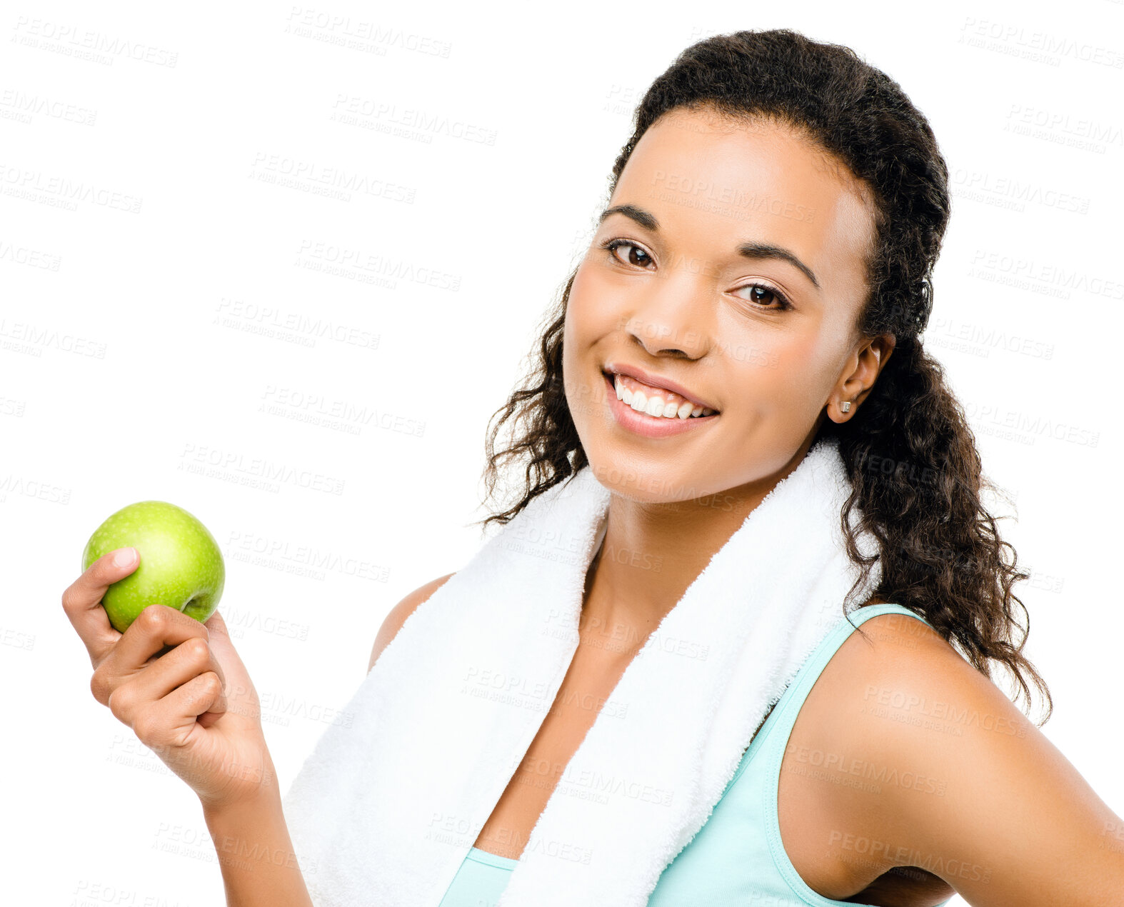 Buy stock photo Girl, apple and wellness in studio portrait by mockup space, nutrition and benefit by white background. African person, happy and towel for workout, diet or choice with fruit for food for gut health