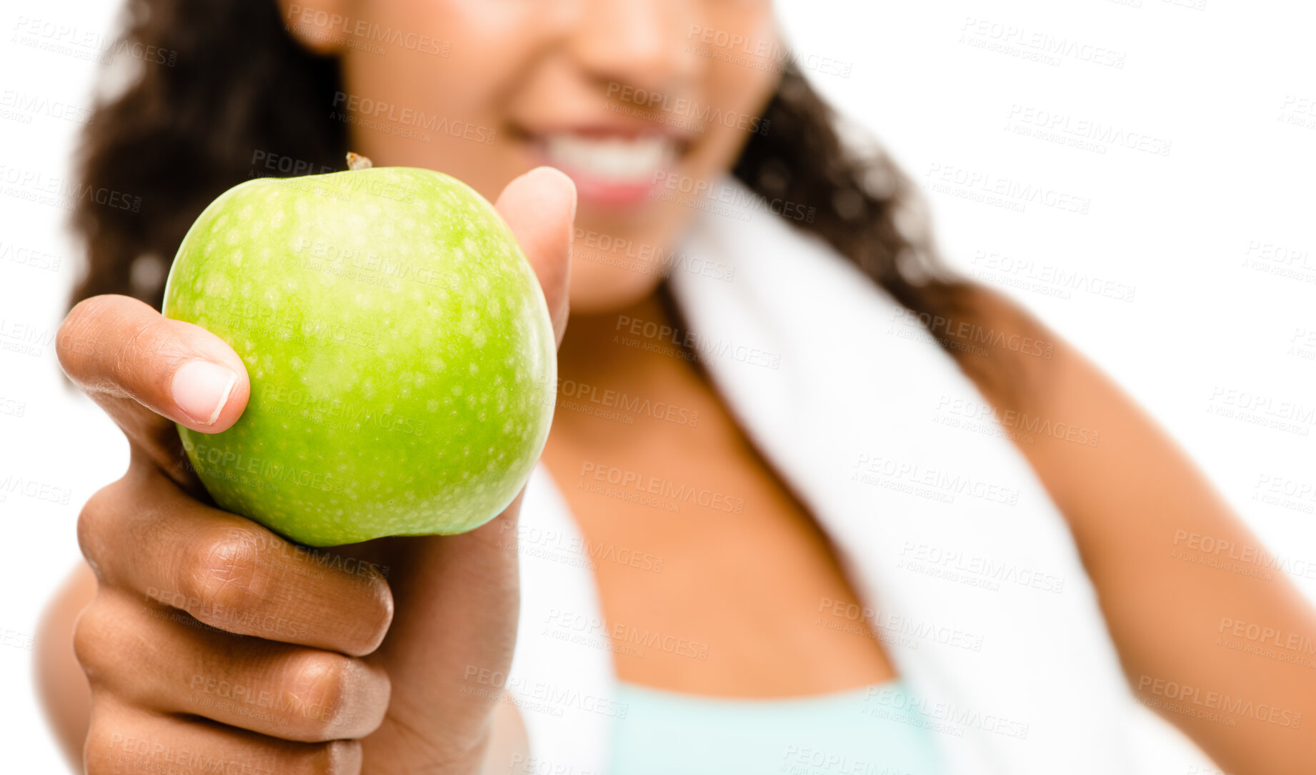 Buy stock photo Hand, apple and wellness in studio for diet by smile, decision and nutrition for benefit by white background. Person, happy and towel for workout, choice and fruit for vegan food for gut health