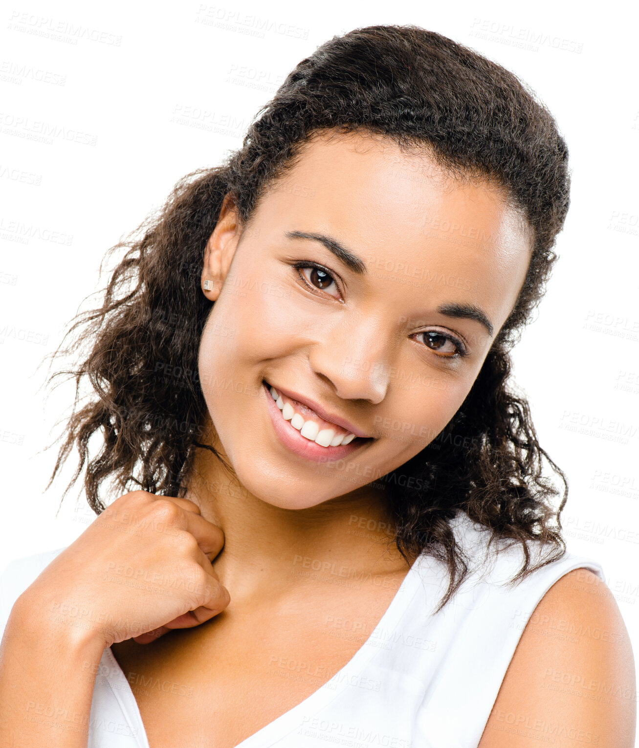 Buy stock photo Happy, smile and portrait of black woman in studio with excited, confidence and positive attitude. Attractive, beautiful and face of isolated person with pride, beauty and style on white background