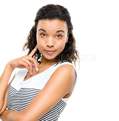 Buy stock photo Woman, portrait and hand with thinking in studio for condescending, attitude and satisfaction. Arrogant, smug and female person with pose on white background for gloat, confidence and justification